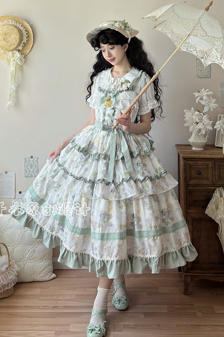 Blueberry Early Summer Sleeveless Triple-Layered Print Ruffle Bowknot Lace Sweet Lolita Jsk Dress 2 Colors