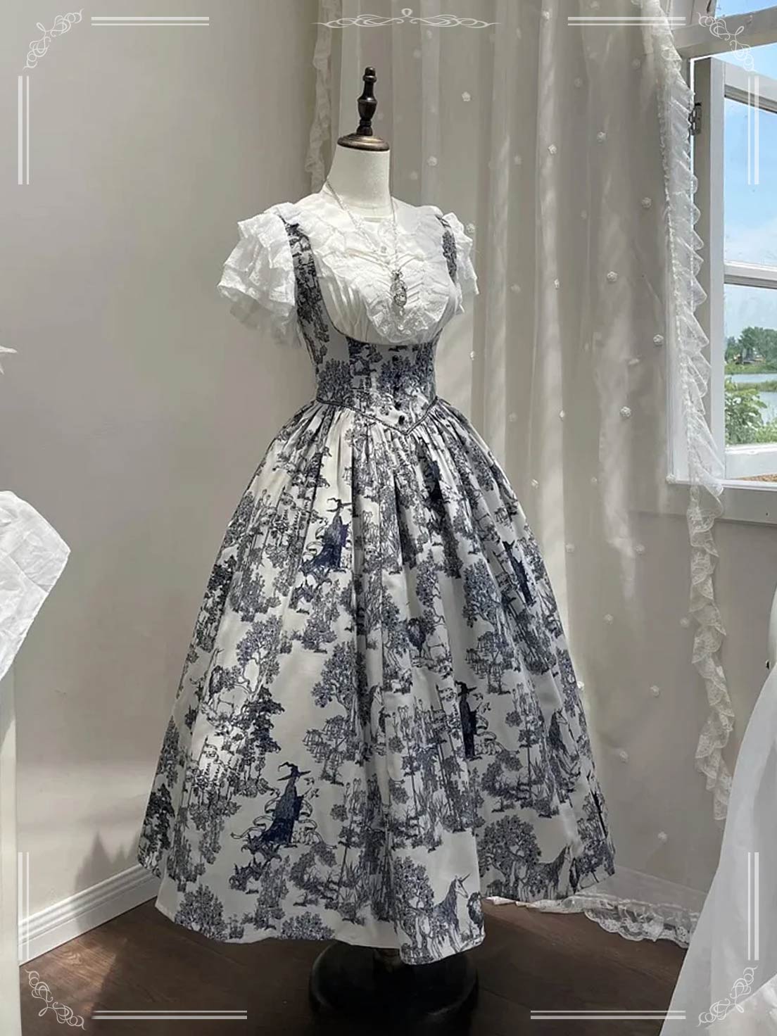 Classic Lolita Dress Toile Print JSK & Blouse - Vintage Navy Blue Palette