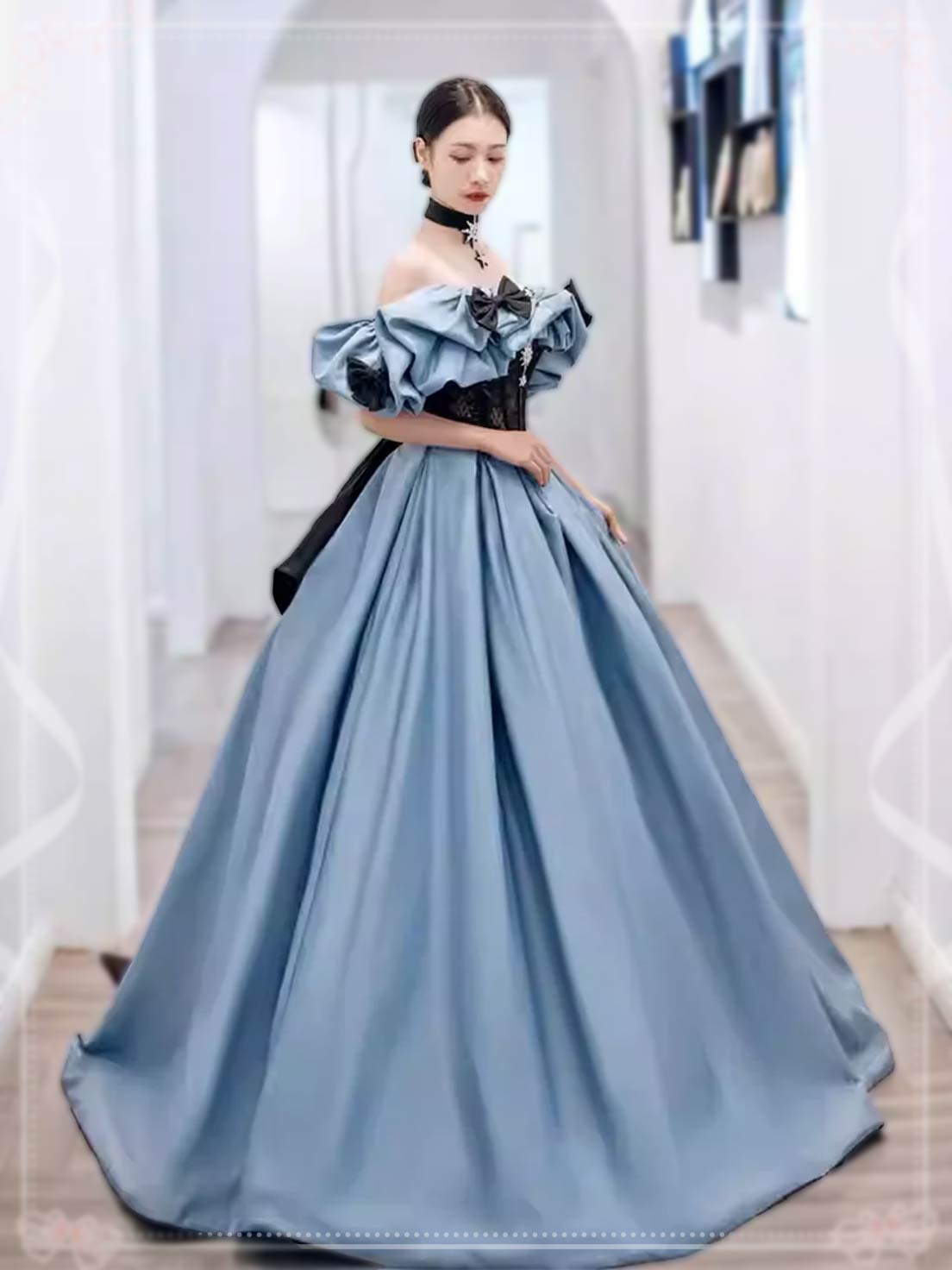Princess Ball Gown Satin Evening Gown - Dusty Blue & Black Formal Style