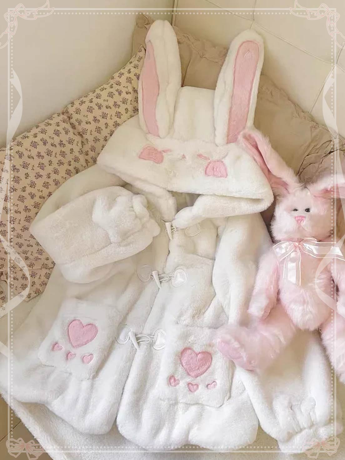 Cute Bunny's Ears Hooded Coat Winter Lolita Brushed Coat for Women