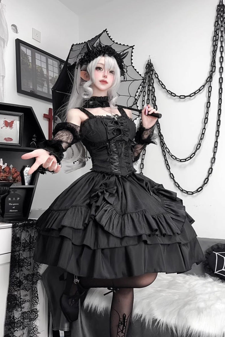 Black Butterfly Officer Triple-Layered Ruffle Bowknot Lace-Up Gothic Lolita Skirt Set