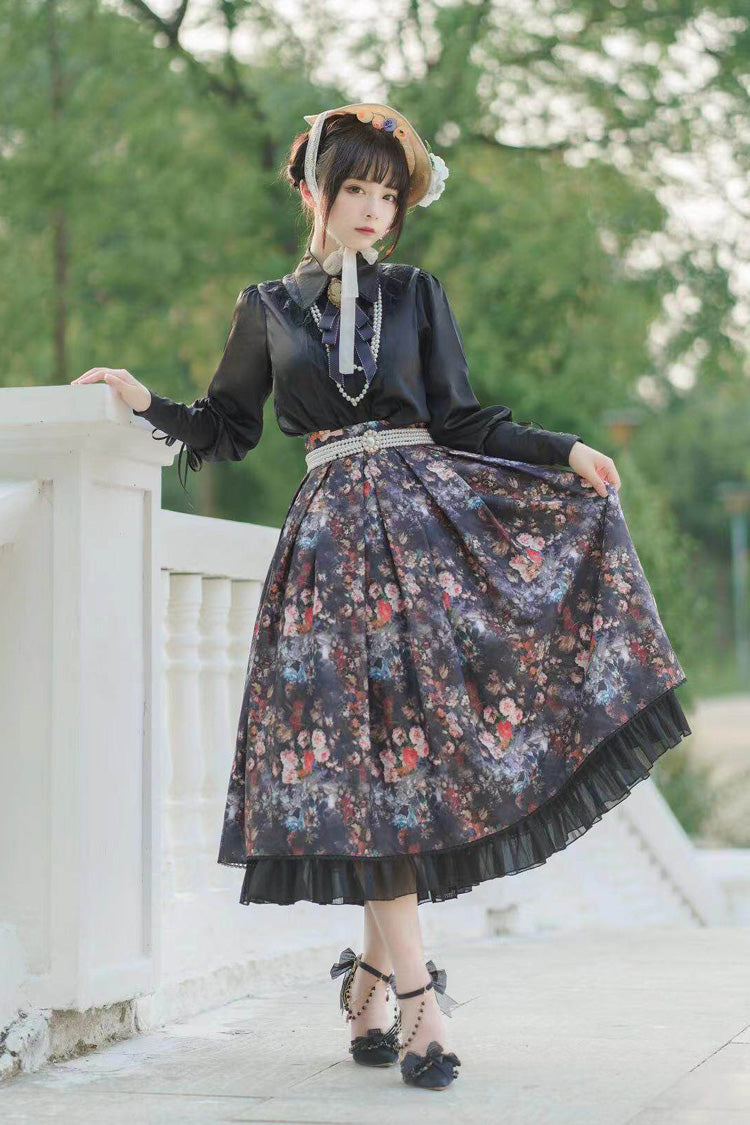 Black Afternoon Tea Floral Printed Ruffled Gothic Lolita Skirt