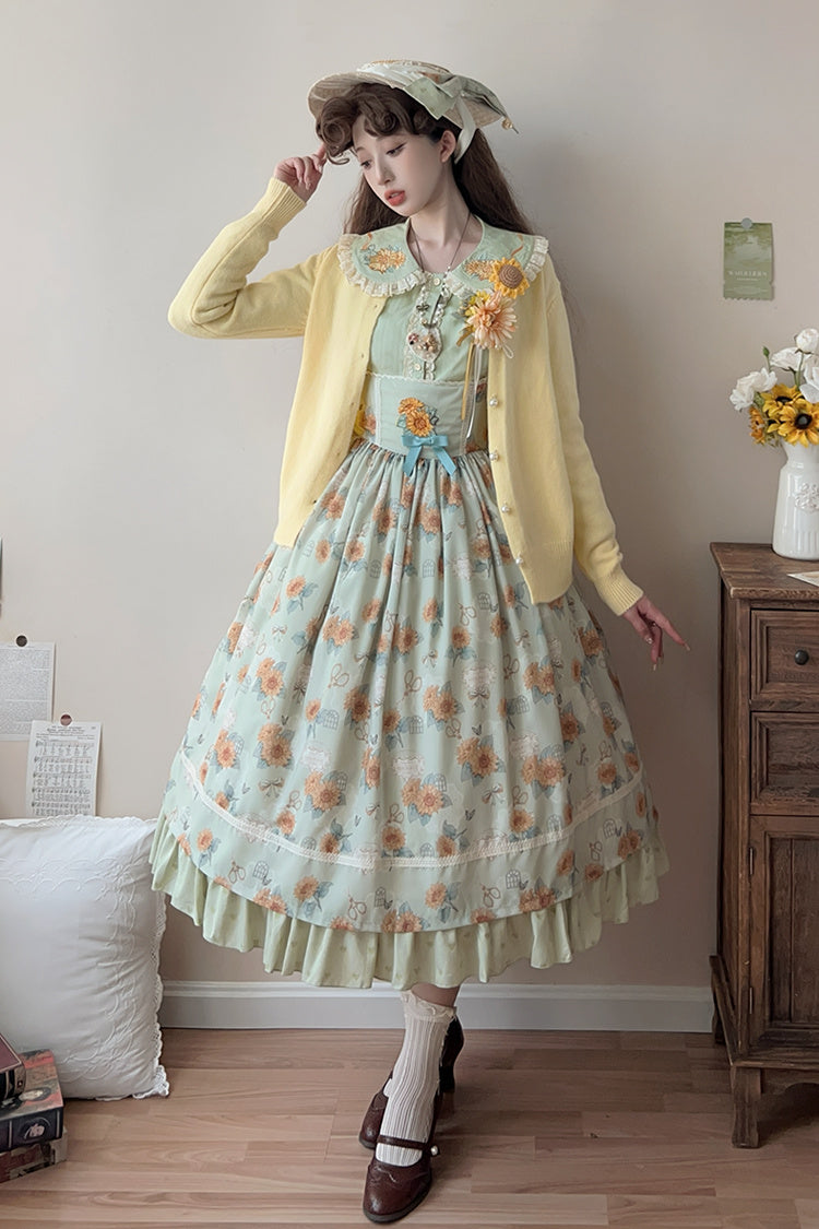 Green Gardening Sunflower Sleeveless Print Ruffle Bowknot Sweet Elegant Uplift Lolita Jsk Dress