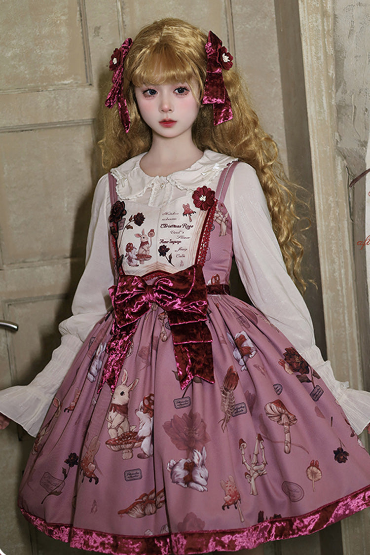Red Sleeveless Rabbit Sunflower Print Ruffle Embroidery Bowknot Sweet Lolita Jsk Dress Short Version