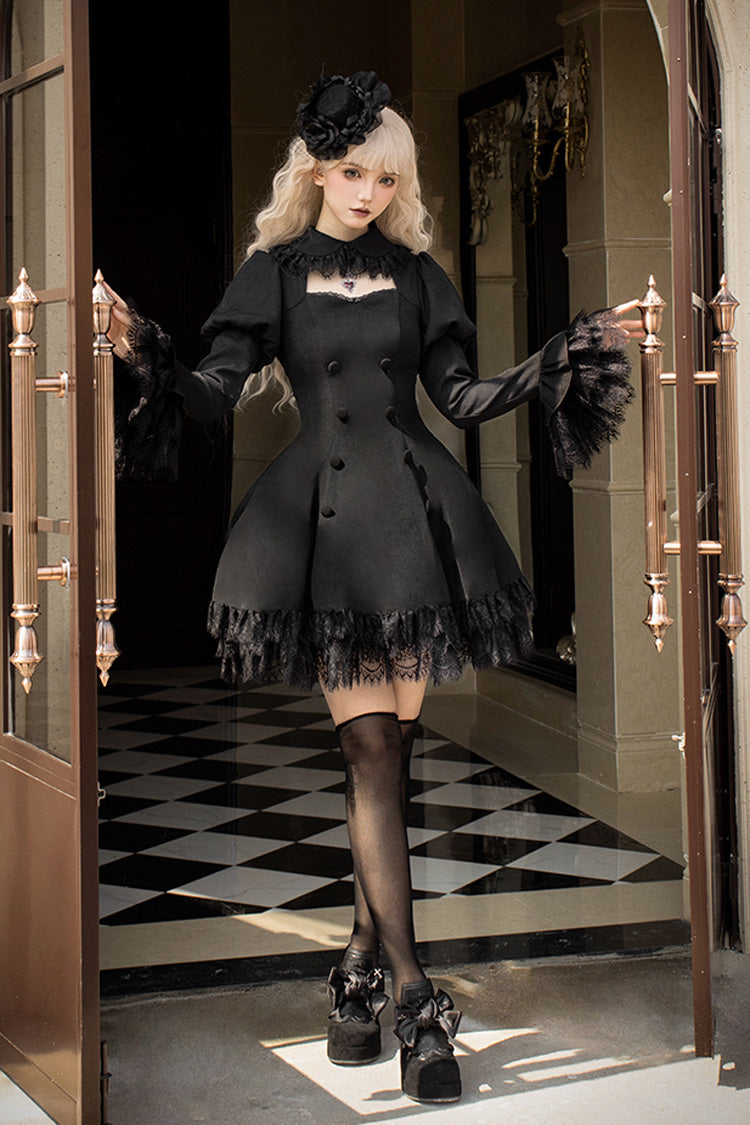 Black Midnight Whisper Double-breasted Short Sleeves Hollow Gothic Lolita Dress