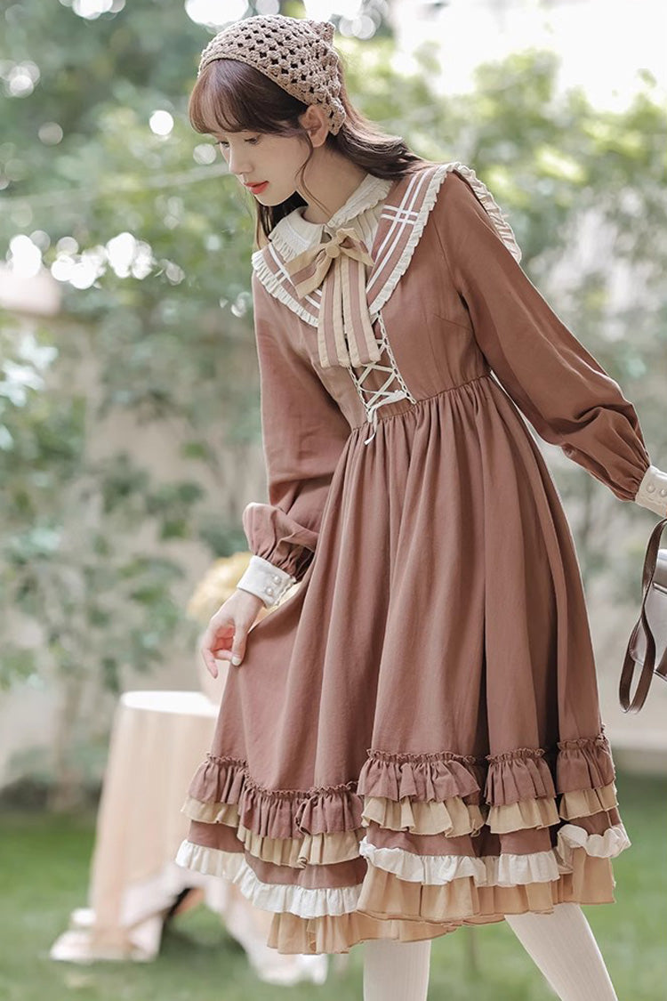 Brown Long Sleeves Multi-layer Ruffle Two Fake Pieces Sweet Lolita Dress