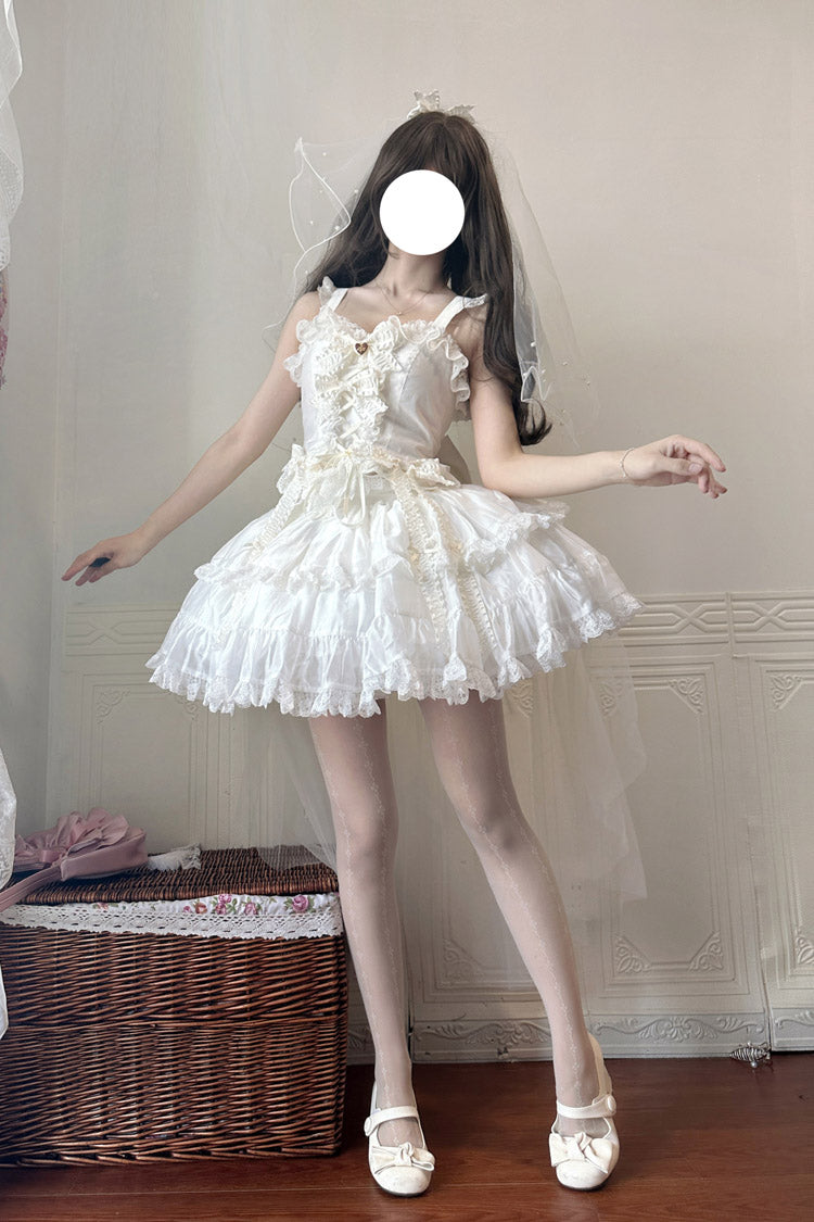 White Sweetheart Splolita Ruffle Bowknot Lace-Up Sweet Lolita Skirt Set