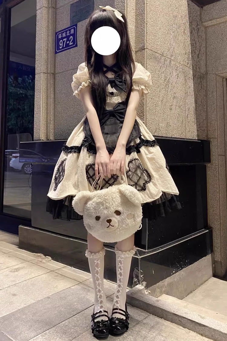 Ivory Short Puff Sleeves Ruffle Bowknot Princess Sweet Lolita Dress