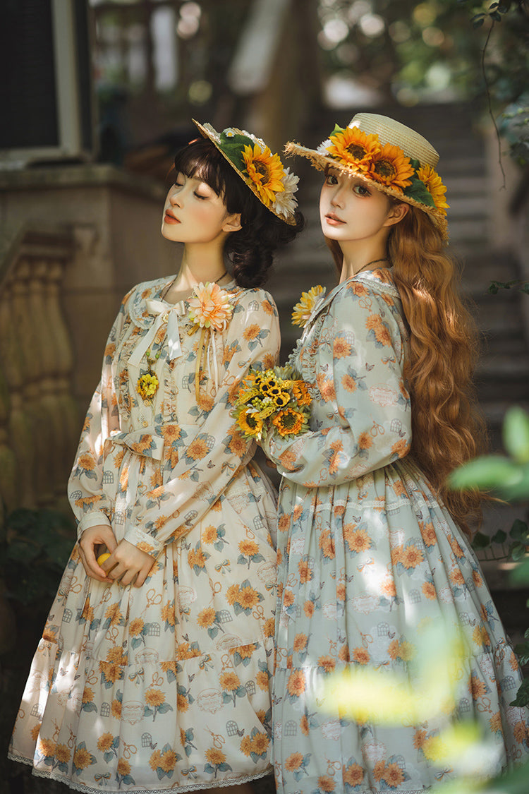 Green Gardening Sunflower Long Sleeves Print Ruffle Bowknot Sweet Elegant Lolita Dress