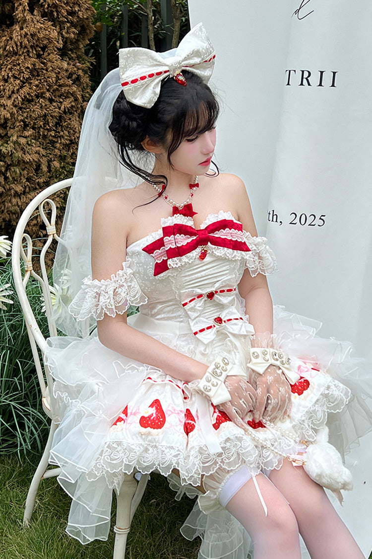 White True Love Strawberry Print Off Shoulder Sleeveless Ruffle Bowknot Lace Sweet Princess Lolita Dress Set