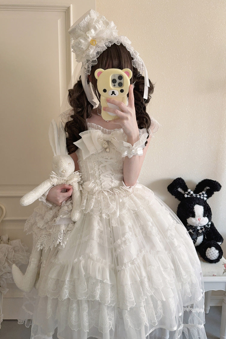 White Eternal Vow Sleeveless Multi-Layered Ruffle Hanayome Bowknot Lace Lace-Up Sweet Lolita Jsk Dress