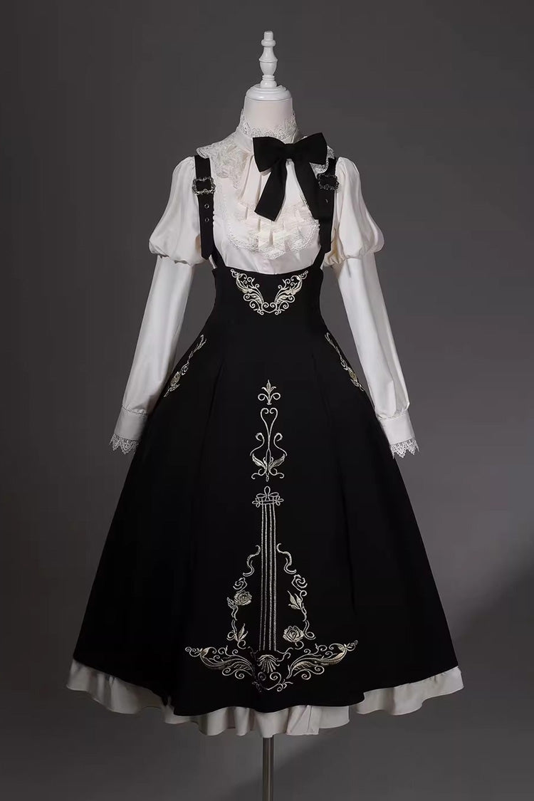 Black/White Violin Variations Ruffled Embroidered Gothic Lolita Jumper Dress Set