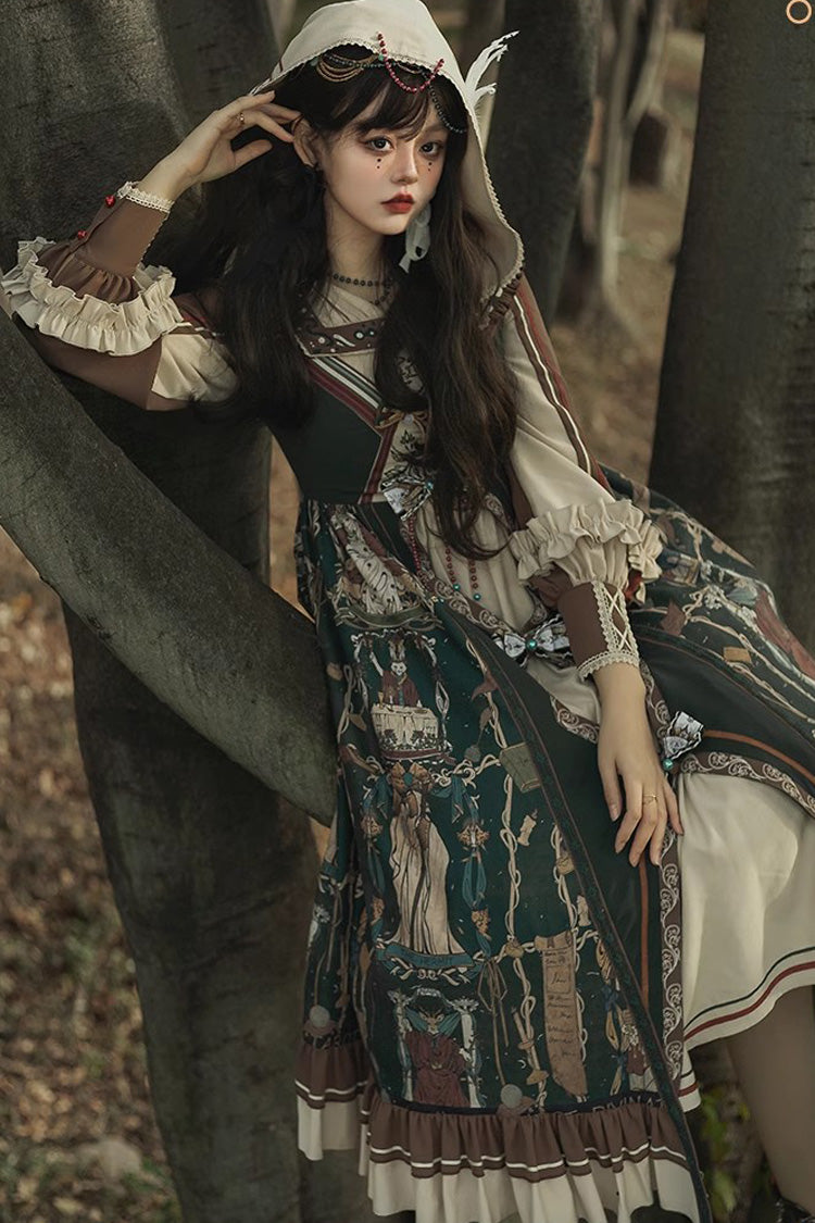 Dark Green Tarot Print Long Puff Sleeves Ruffle Bowknot Ripped Sweet Elegant Lolita Dress