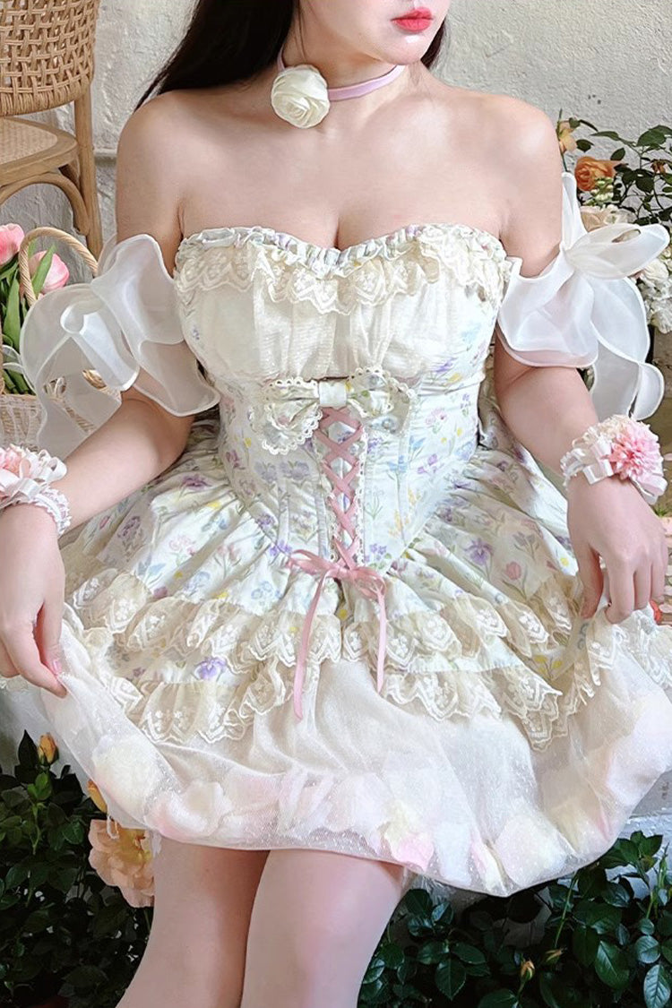 Ivory Flower Story Tulip Print Bowknot Lace Sweet Lolita Skirt