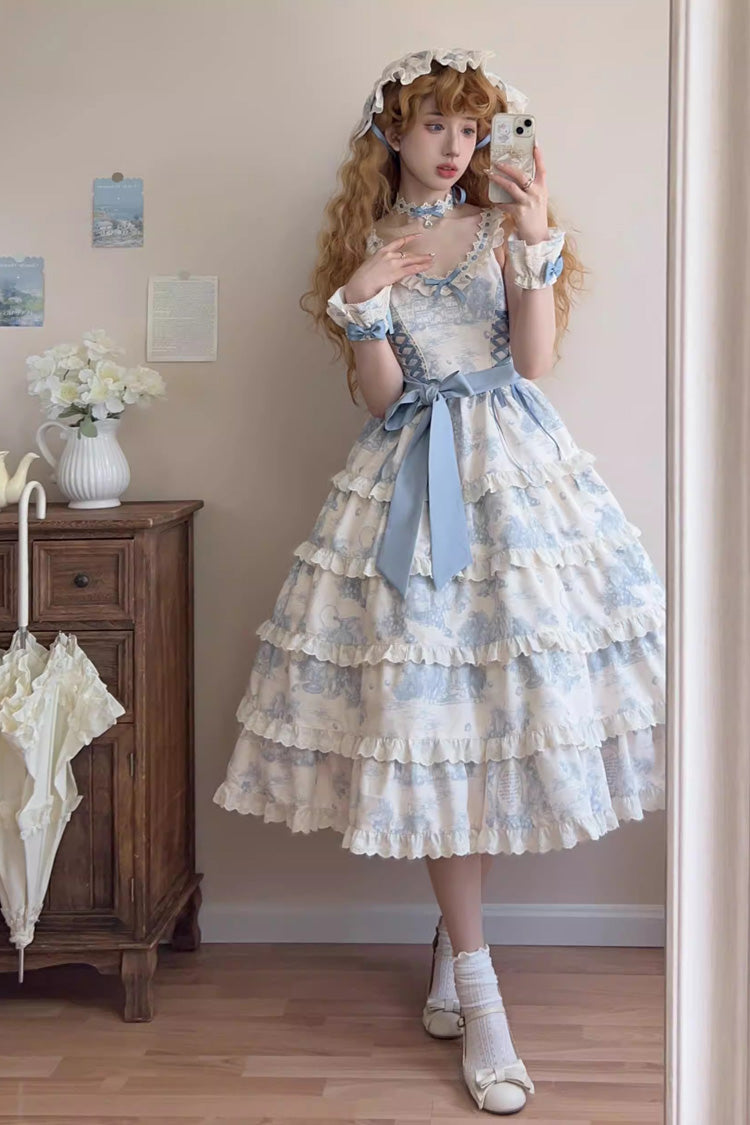 Blue Grape Moon Almanac Sleeveless Multi-Layered Printed Ruffled Bow Adjustable-Length Sweet Lolita Jsk Dress