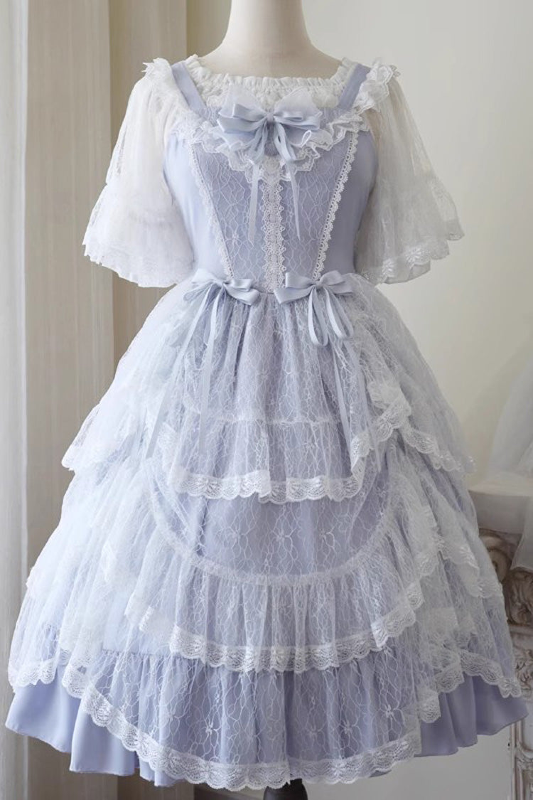 Blue Iris Love Multi-layer Jacquard Bowknot Sweet Elegant Princess Lolita Jsk Dress