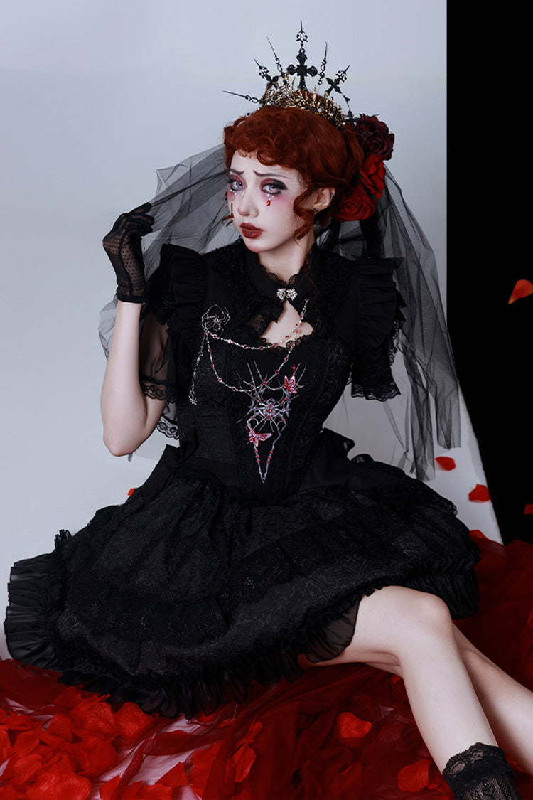 Black Sleeveless Spider Embroidery Bowknot Lace Gothic Princess Lolita Skirt Two-piece Set