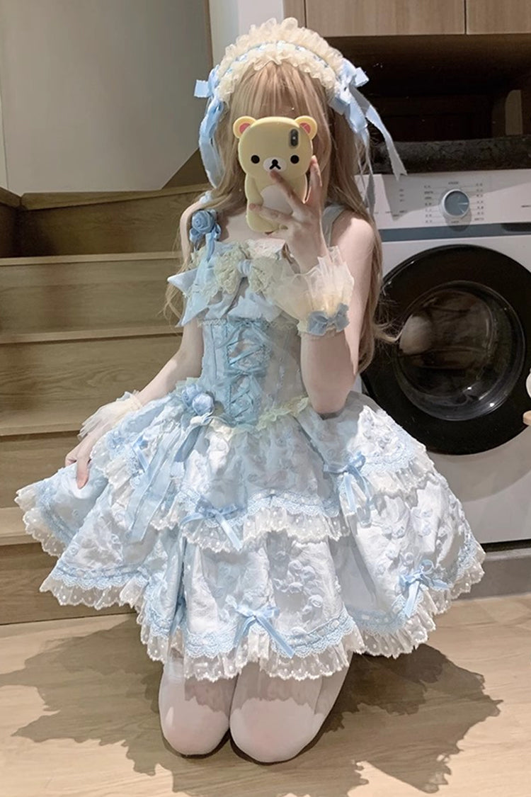 Blue Floral Overture Double-Layered Ruffle Embroidery Bowknot Lace Sweet Lolita Jsk Dress