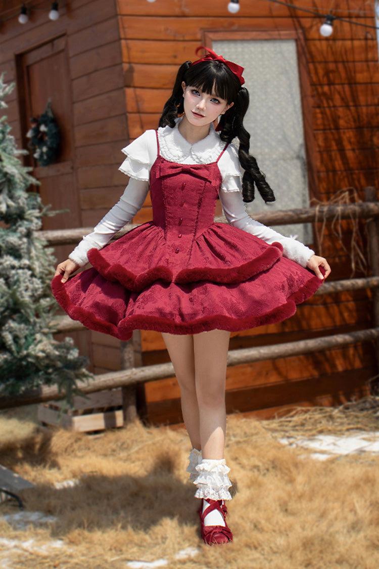 Winter's Wish Double-Layered Jacquard Bowknot Furry Sweet Lolita Jsk Dress 2 Colors