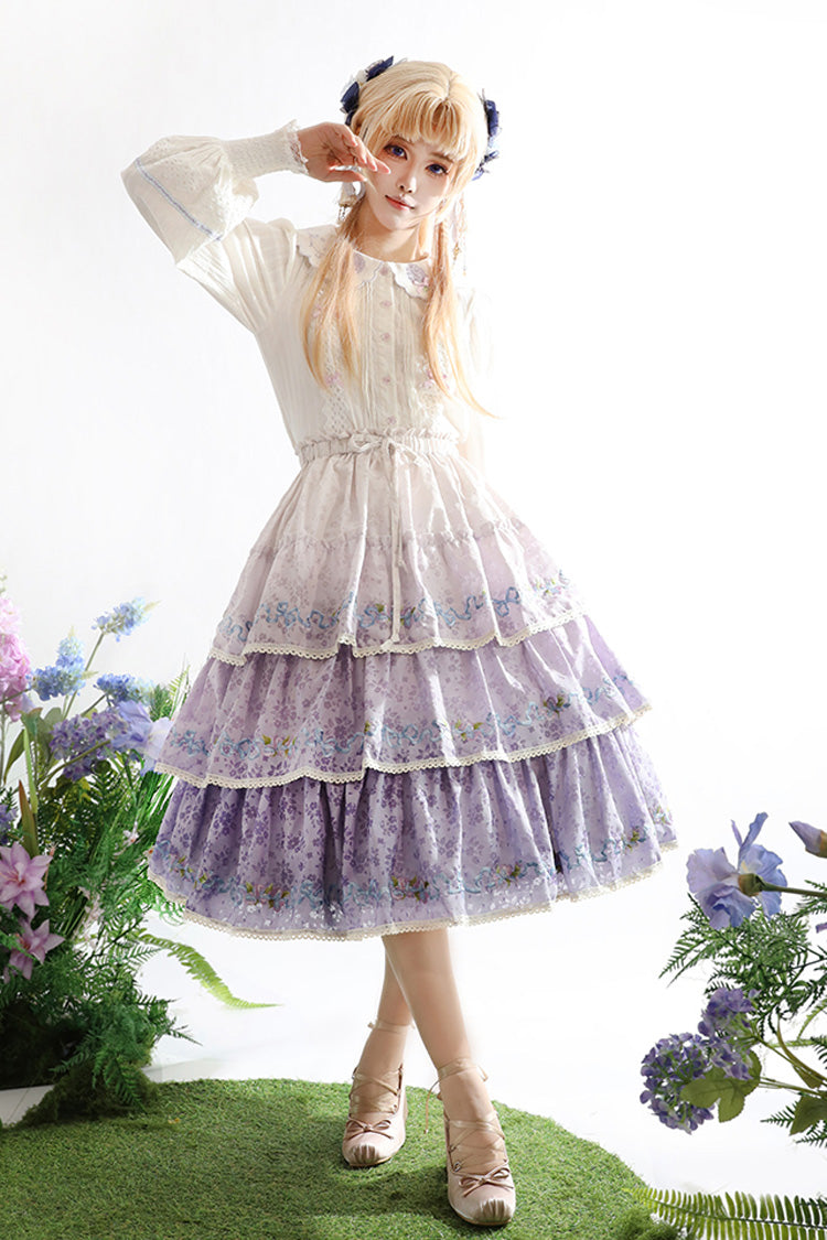 Purple Moonlight Iris Triple-Layered Print Ruffle Embroidery Lace Sweet Lolita Skirt