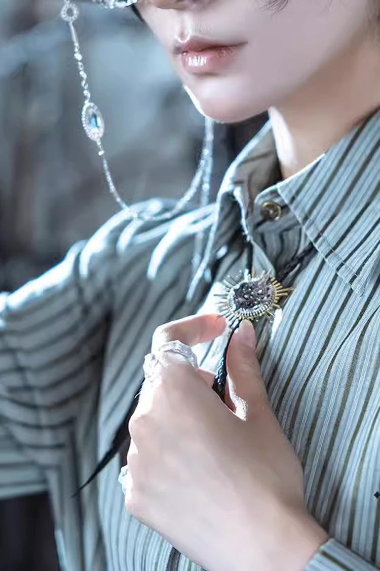 Green Rivet Long Sleeves Stripe Print Slim Ouji Prince Handsome Lolita Blouse