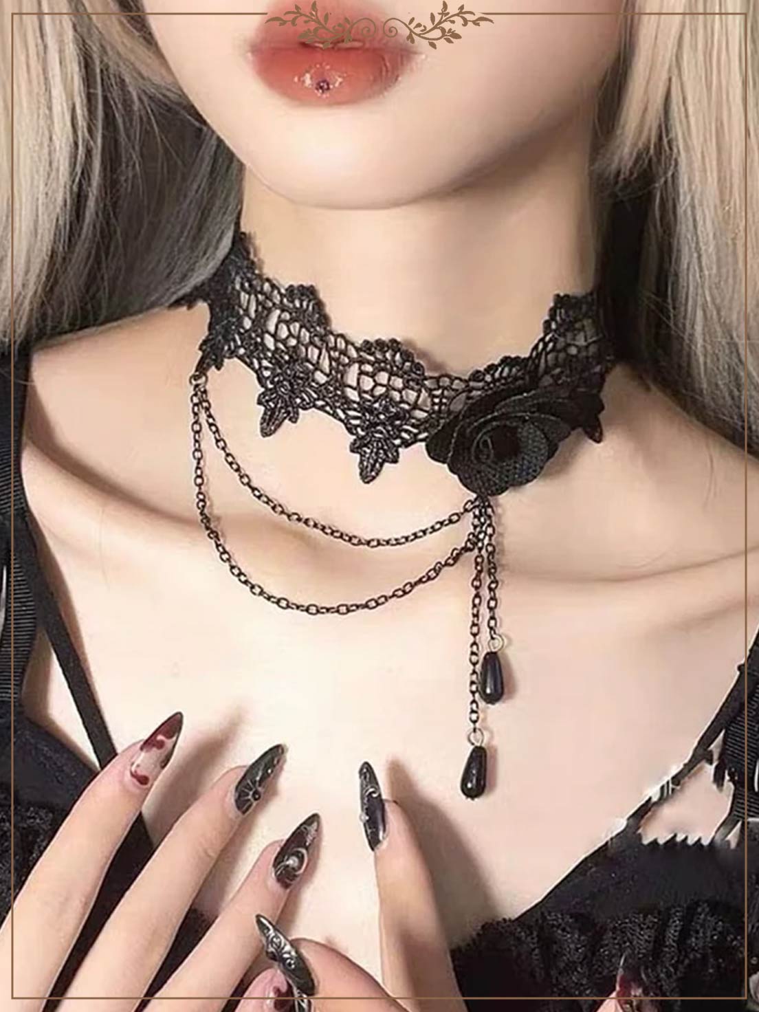 Dark Gothic Vintage Lolita Lace Necklace Black Chain Choke Halloween