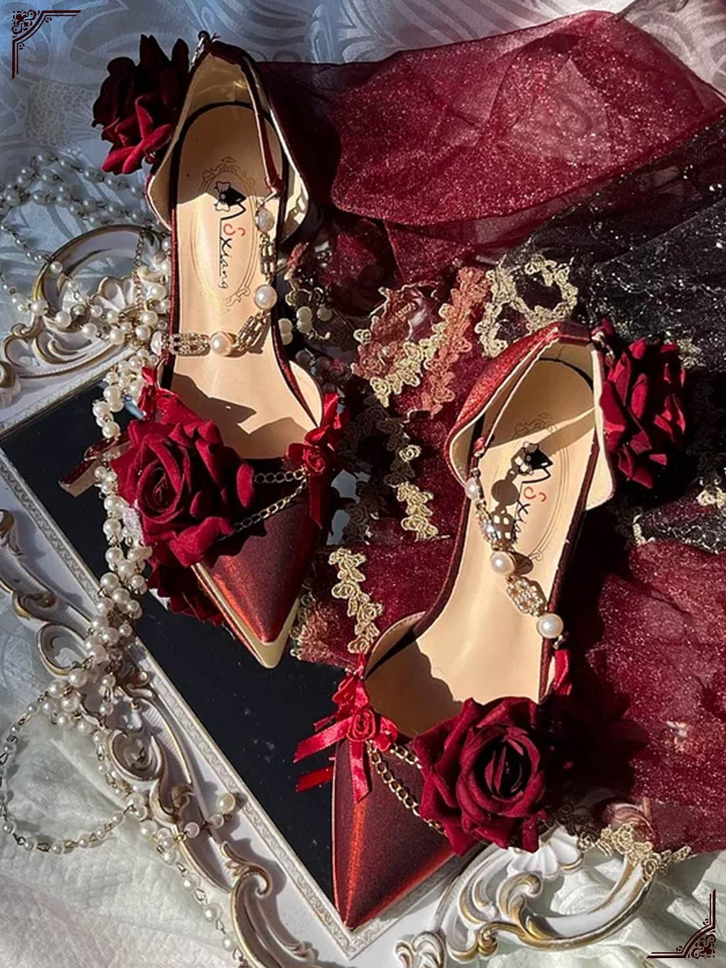 Dark Rose Goth Lolita Gorgeous Pointed-toe Mid Heel Lolita Shoes Part Shoes