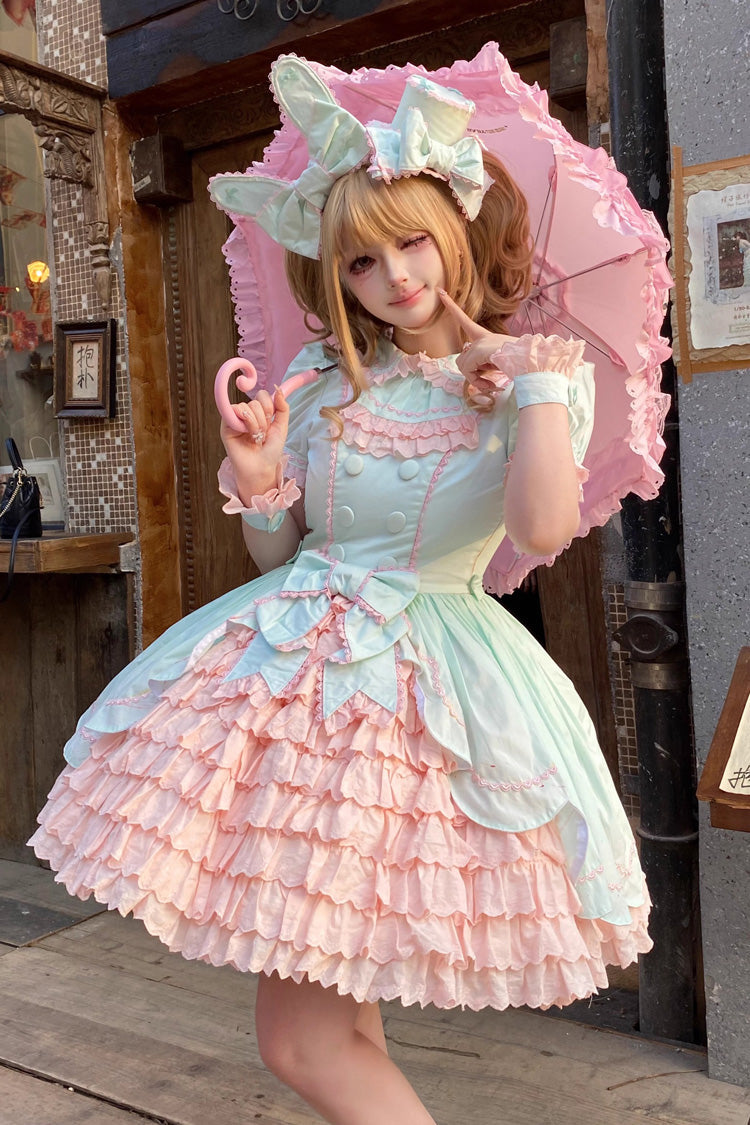 Pink/Green Honeydew Melon Parfait Short Sleeves Multi-Layered Ruffle Bowknot Sweet Lolita Dress