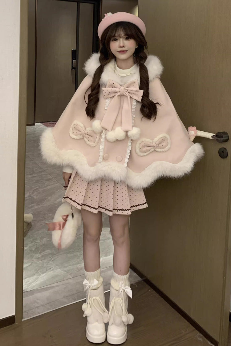 Pink Sea Salt Guava Polka Dot Printed Ruffled Bow Hooded Sweet Princess Lolita Dress Cloak Set