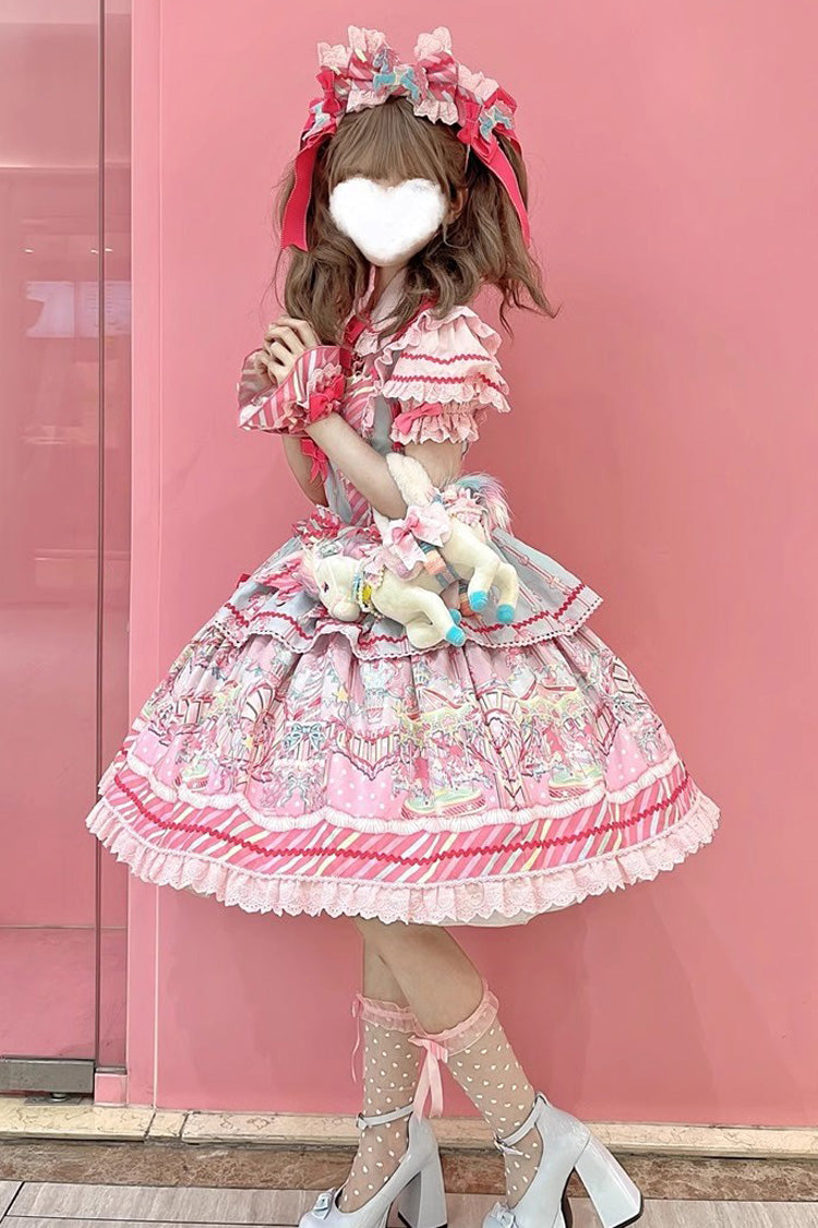 Blue/Pink Candy Park Print Ruffle Bowknot Sweet Lolita Jsk Dress