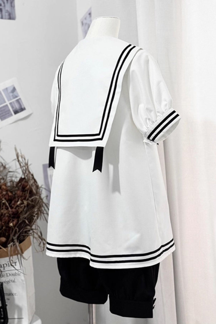 Black/White Old Stories Navy Collar Short Sleeves Bowknot Ouji Gothic Lolita Blouse Shorts Set