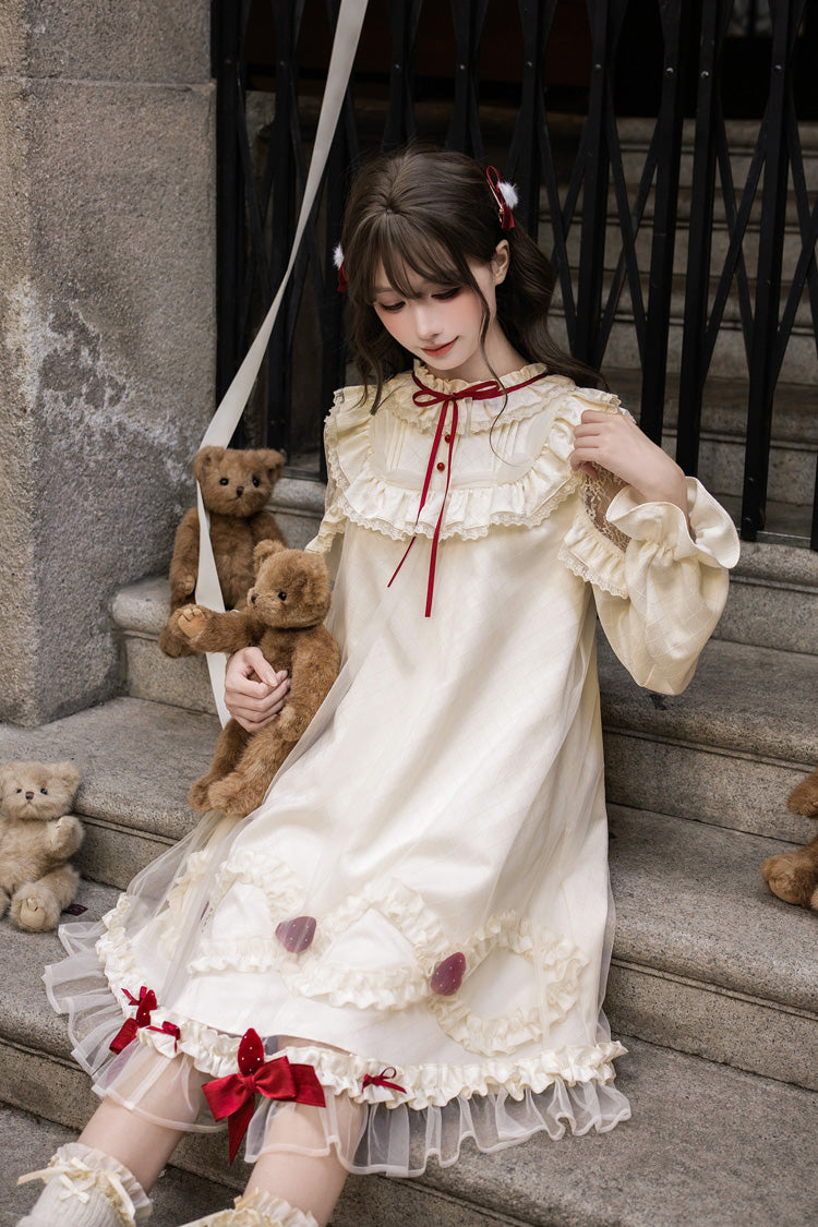 Ivory Strawberry Cream Cake Stand Collar Long Sleeves Ruffled Bow Lace Sweet Lolita Dress