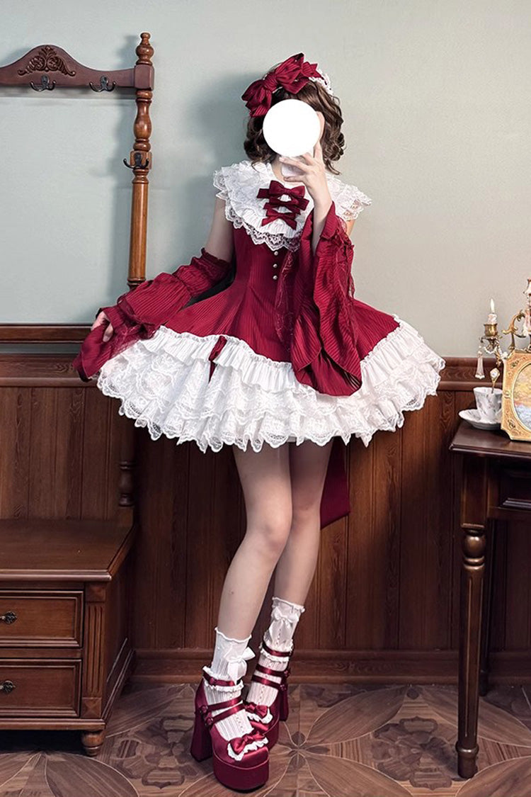 Red Miss Tsundere Sleeveless Multi-Layered Ruffle Bowknot Lace Asymmetric Sweet Princess Lolita Dress