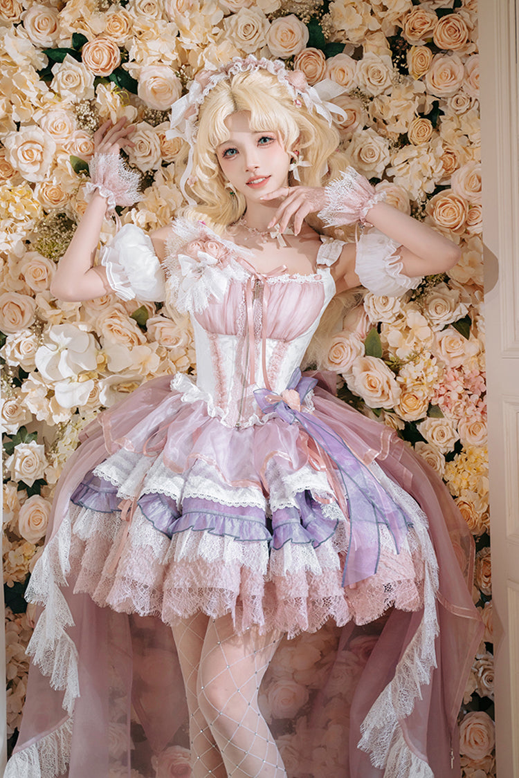 Pink/Purple Rose Memoirs Sleeveless Multi-Layered Bowknot Lace Sweet Lolita Skirt Set