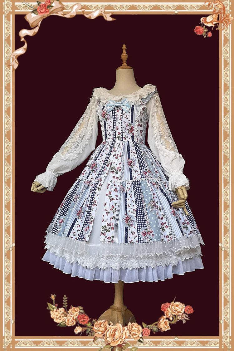 Light Blue Strawberry Plaid Print Bowknot Sleeveless Ruffle Sweet Lolita Dress