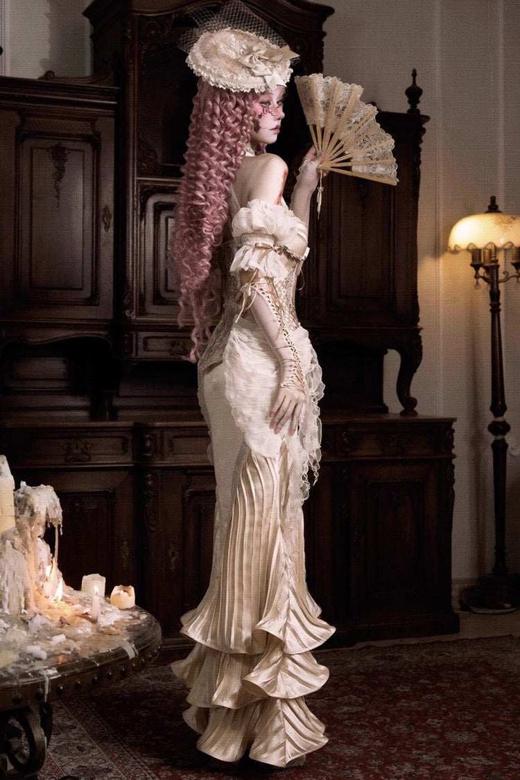 Golden Cupid's Poetry Box Halterneck Ruffled Embroidered Bow Lace Slim Fishbone Gothic Lolita Top and Skirt Dress Set