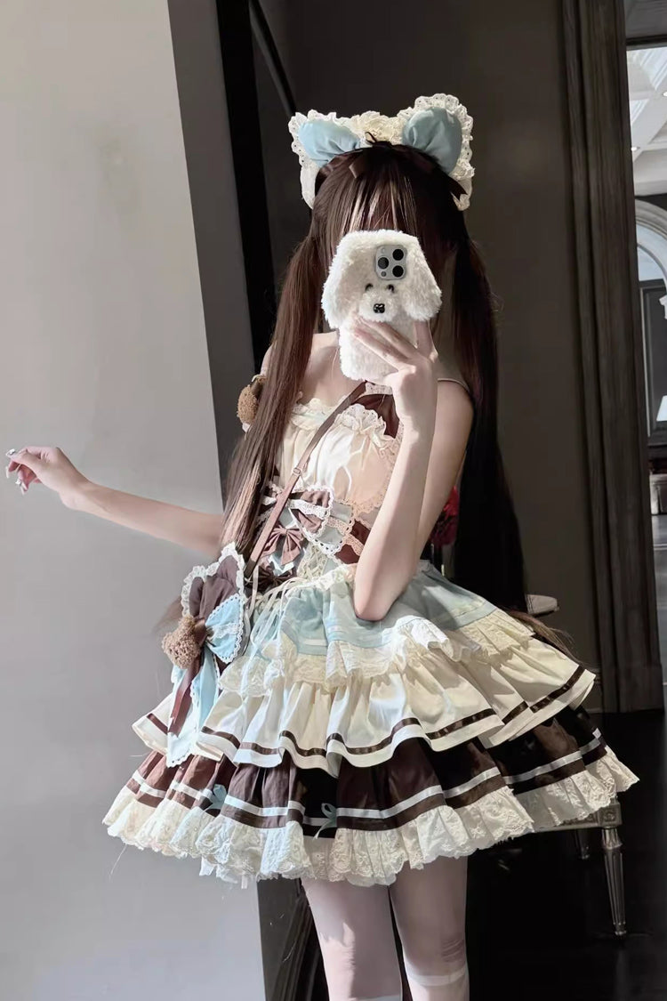 Green/Chocolate First Love Bear Multi-Layered Ruffle Bowknot Lace Sweet Lolita Jsk Dress
