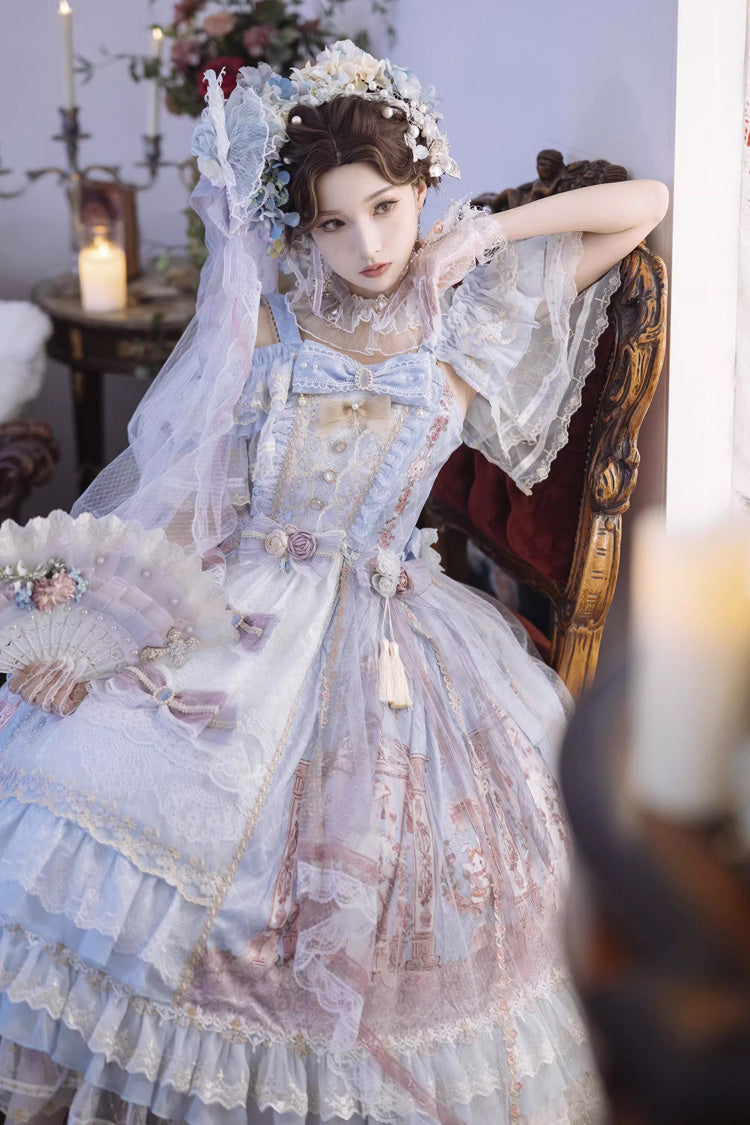 Blue Moonlight Melody Off Shoulder Sleeveless Multi-Layered Hanayome Open-Front Bow Lace Sweet Gorgeous Lolita Jsk Dress Set