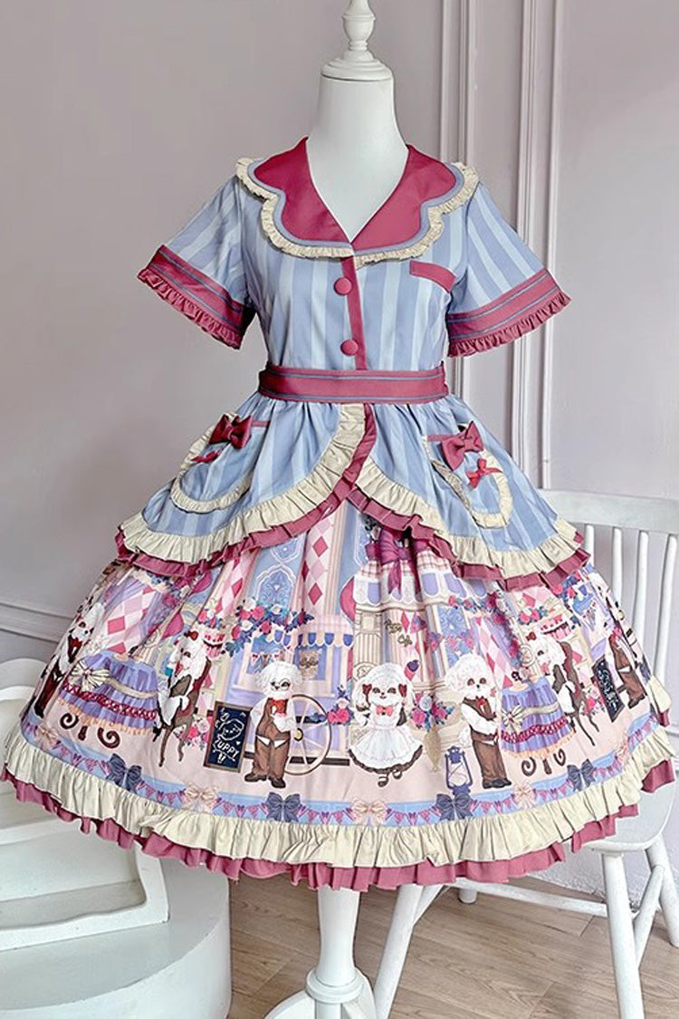 Puppy Cafe Print Ruffle Bowknot Sweet Lolita Dress 3 Colors