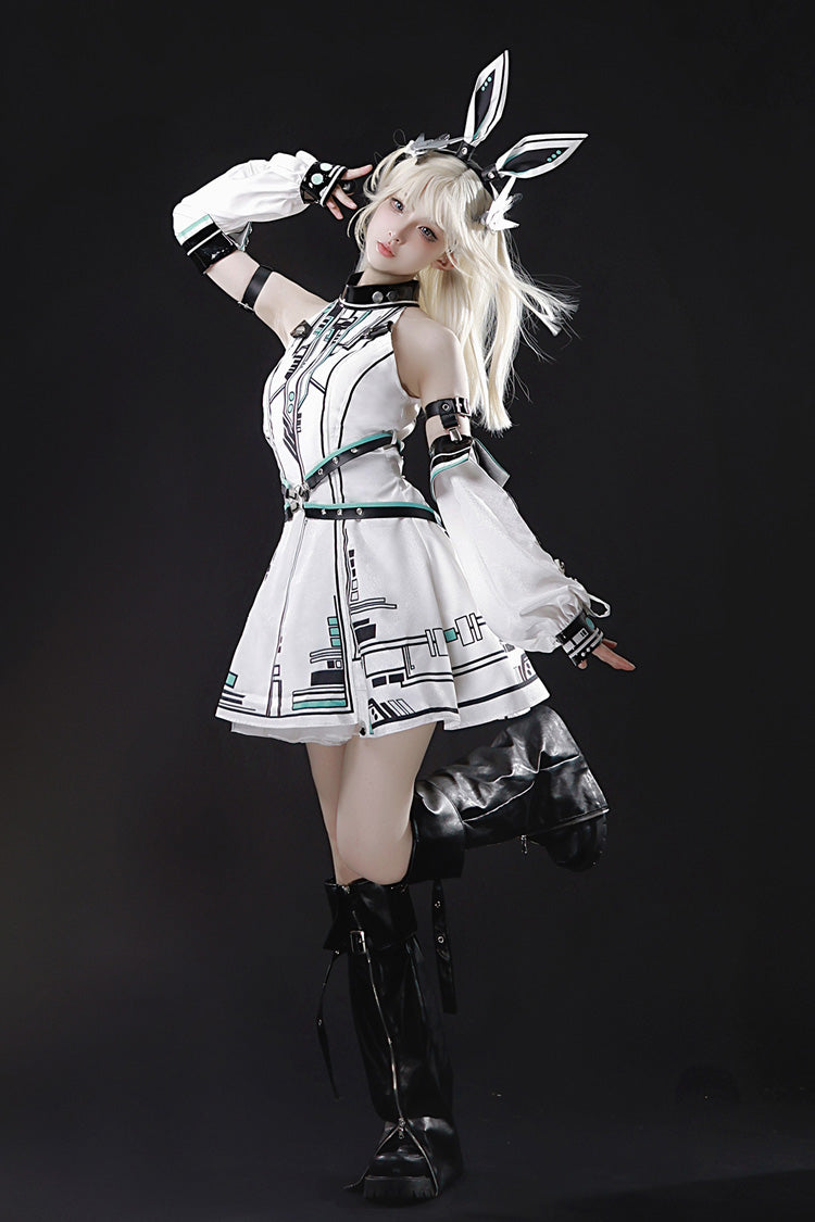 White Mecha Battle Maiden Stand Collar Print Futuristic Style Sweet Handsome Lolita Dress