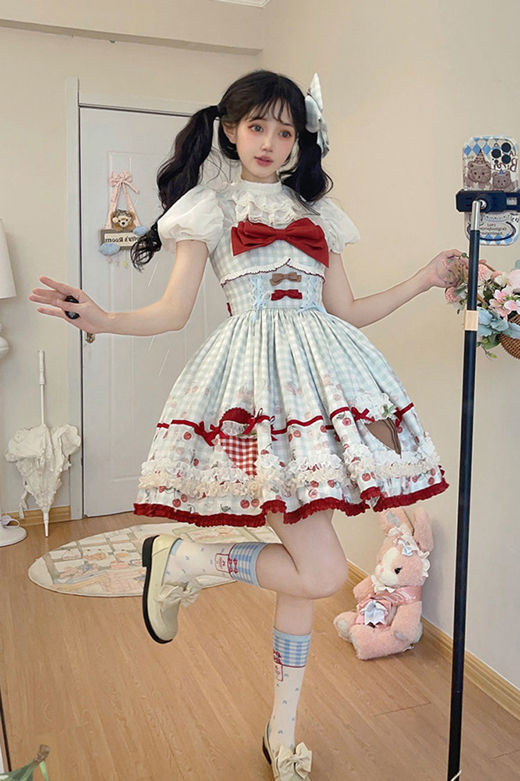 Light Blue South City Cherry Shop Plaid Print Ruffle Bowknot Sweet Lolita Jsk Dress