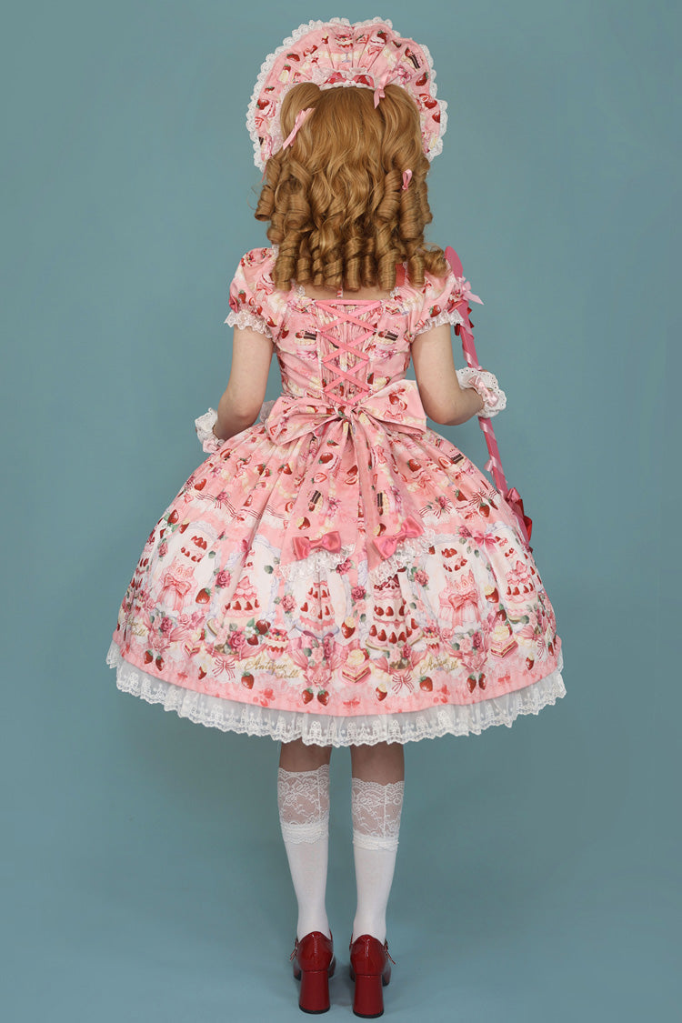Strawberry Cake Bouquet Print Square Collar Short Sleeves Bowknot Lace Sweet Lolita Dress 3 Colors