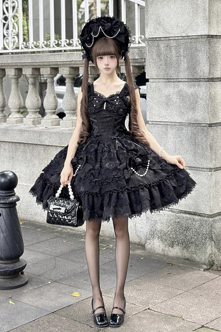 Black Rose Princess Sleeveless Ruffle Bowknot Lace Lace-Up Gothic Ballet Lolita Jsk Dress