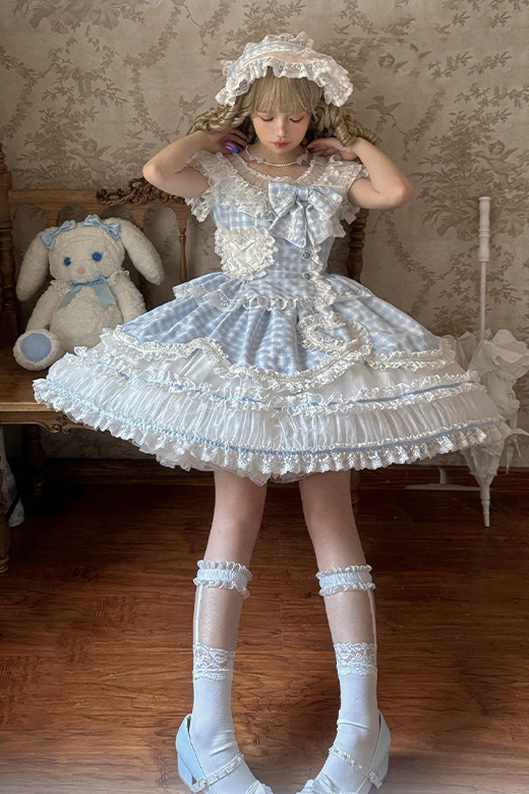 Blue Tea Break Sweetheart Short Sleeves Multi-Layered Plaid Print Ruffle Sweet Lolita Dress