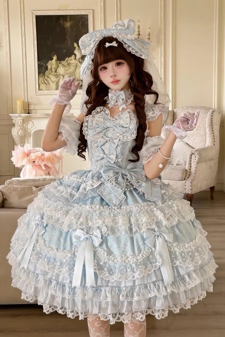 Blue Dream of the Misty Moon Sleeveless Multi-Layered Ruffled Bow Lace Pearl-Decorated Sweet Princess Lolita Jsk Dress