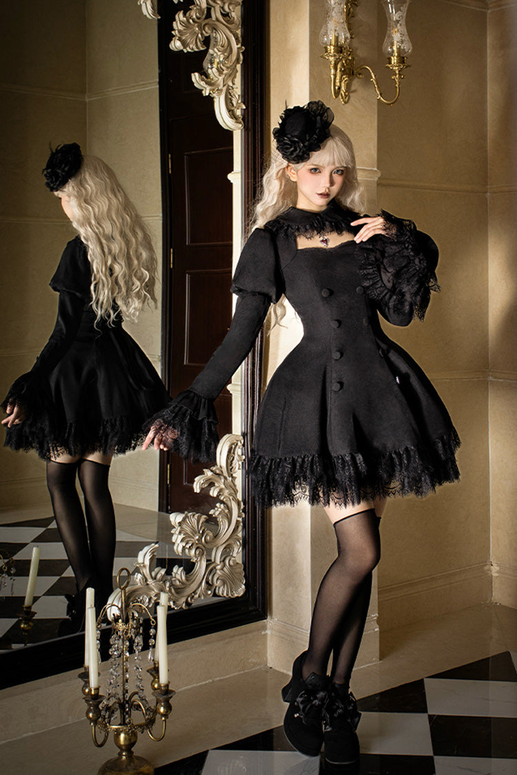 Black Midnight Whisper Double-breasted Short Sleeves Hollow Gothic Lolita Dress