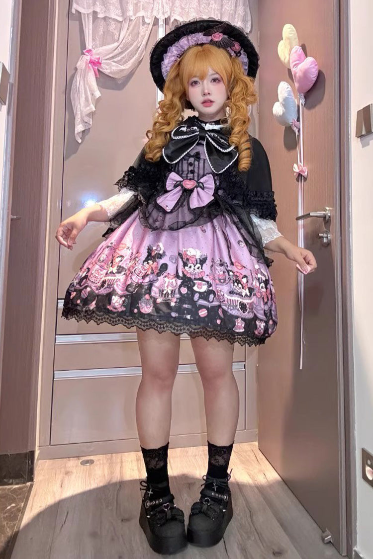Purple Devil Cat Print Ruffle Bowknot Lace Gothic Lolita Jsk Dress (Plus Size Support)