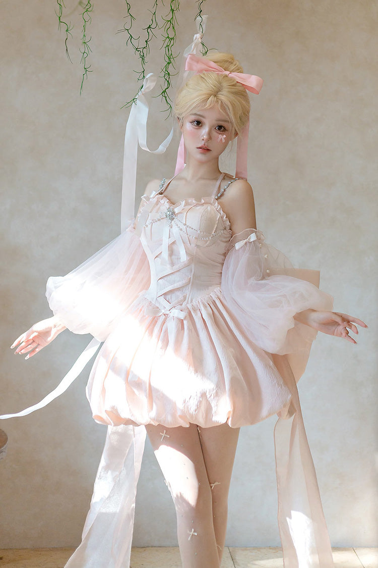 Pink The Runaway Princess Sleeveless Ruffle Bowknot Lace-Up Sweet Lolita Jsk Tulip Dress Set