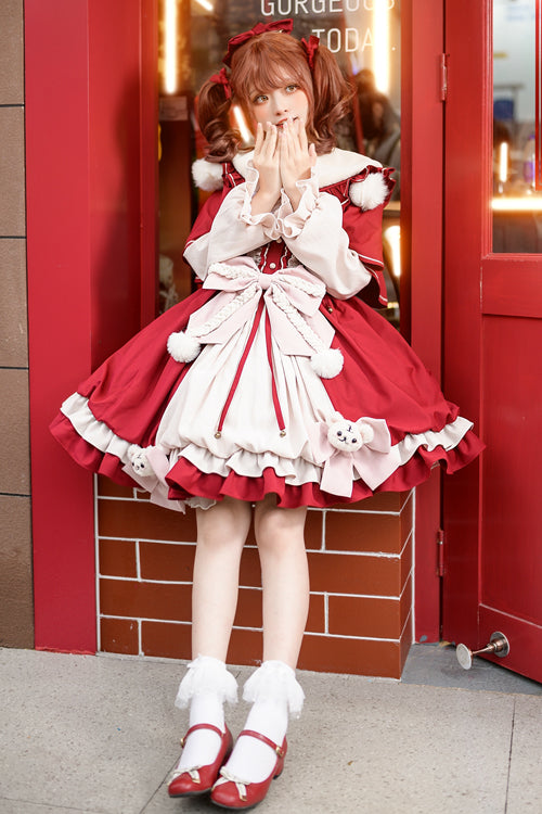 Red Round Collar Ruffled Long Lantern Sleeves Sweet Lolita OP Dress
