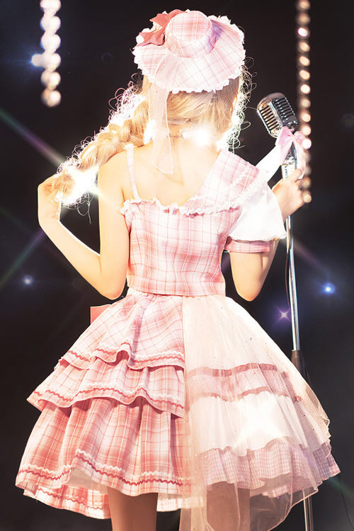 Pink Chest Bowknot One Shoulder Sleeves Plaid Print Suit Sweet Lolita Dress